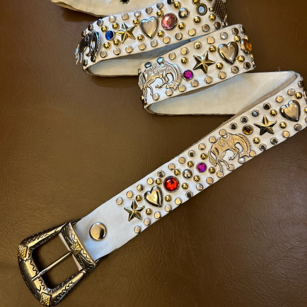 Studded White Belt with Gold Accents